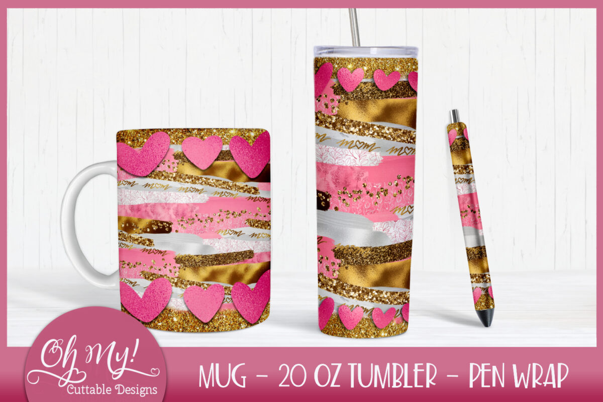 Mom Glitter Bundle 20oz Skinny Tumbler, Mug Wrap and Pen Wrap Designs
